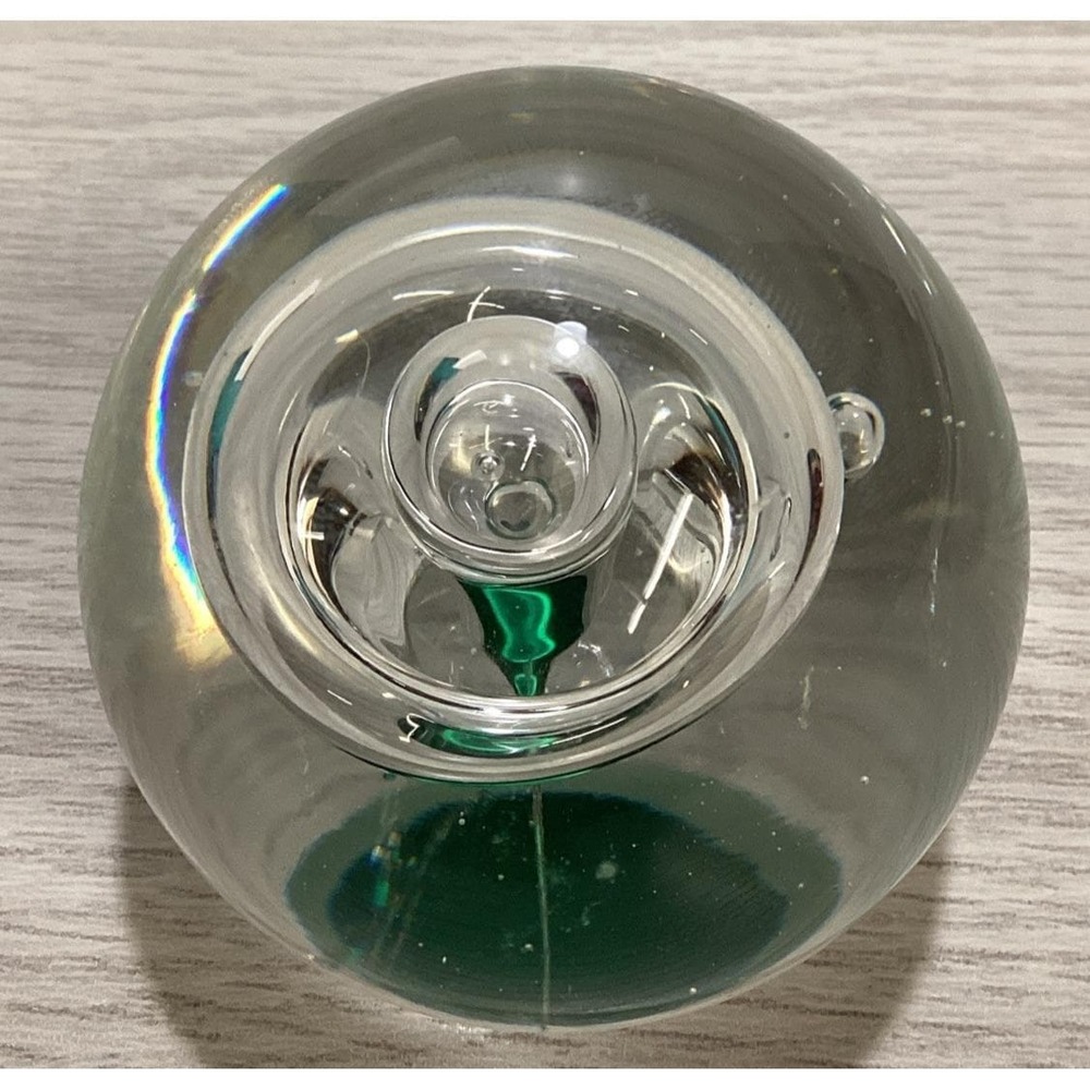 Art Deco Glass Paperweight 2.5x2.5" Clear w/‎ Teardrop & Large Round Bubbles